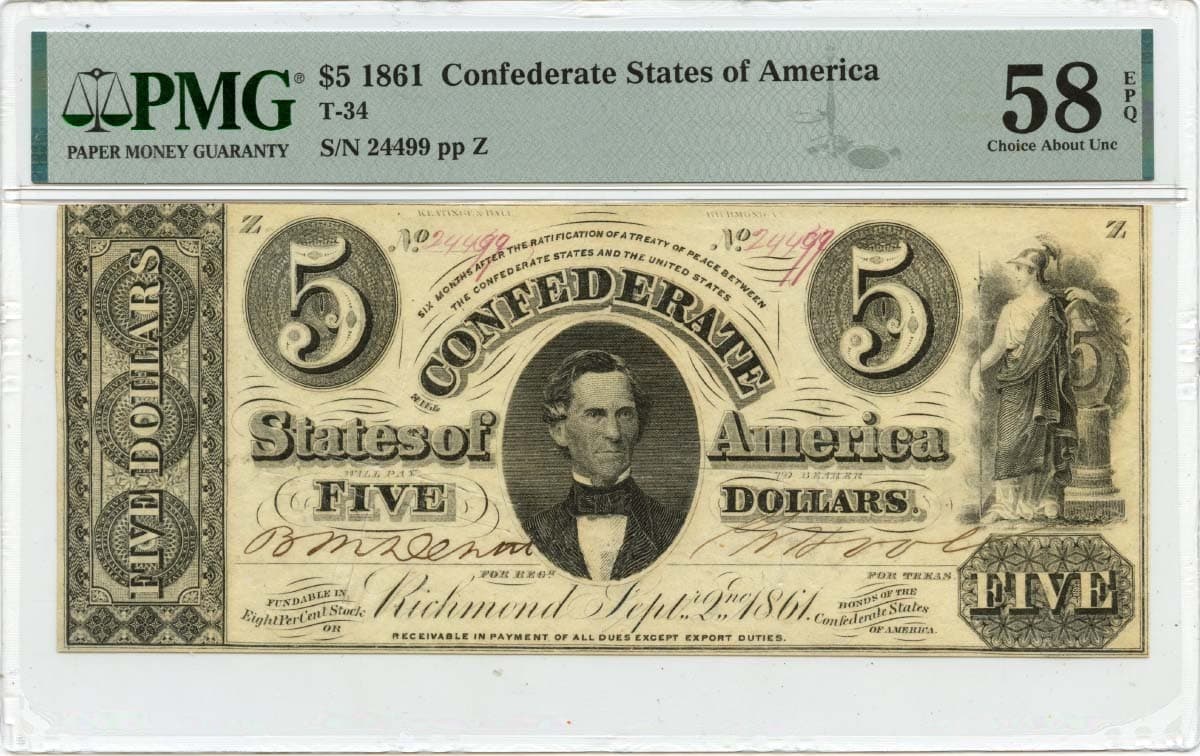 1861 $5 Confederate States of America T-34 CSA PMG AU58 EPQ