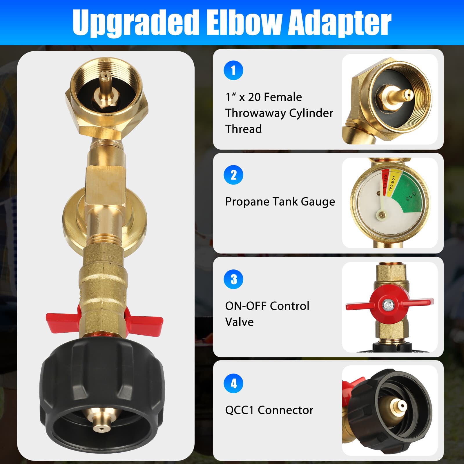 Propane Refill Adapter w/ON-Off Valve and Gauge Fill 1Lb Bottle From 5-40Lb Tank 3