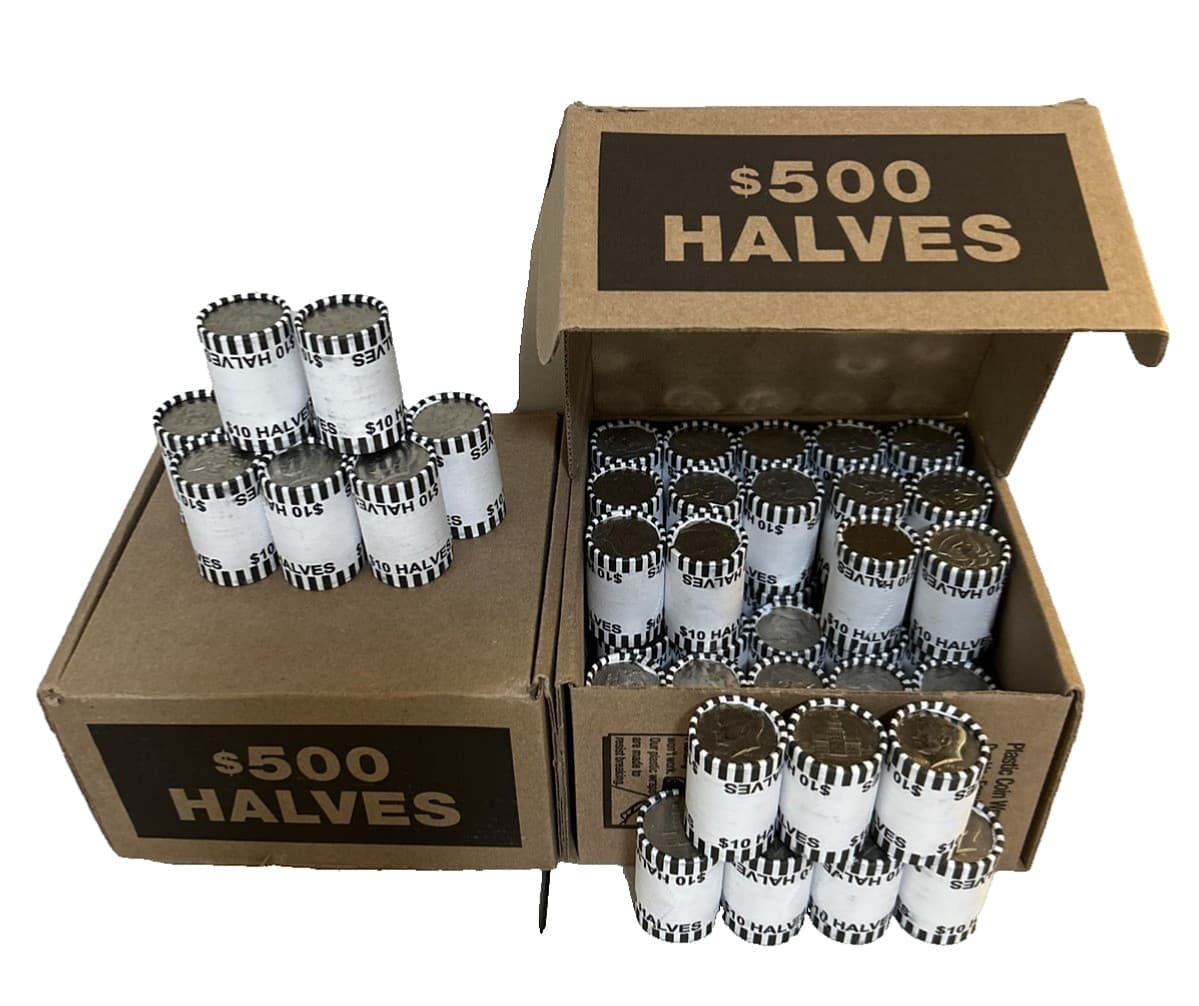 ❤️Lot of 5 Rolls Kennedy Half Dollars Unsearched Fed Wrapped Bank Rolls $50 Face 2