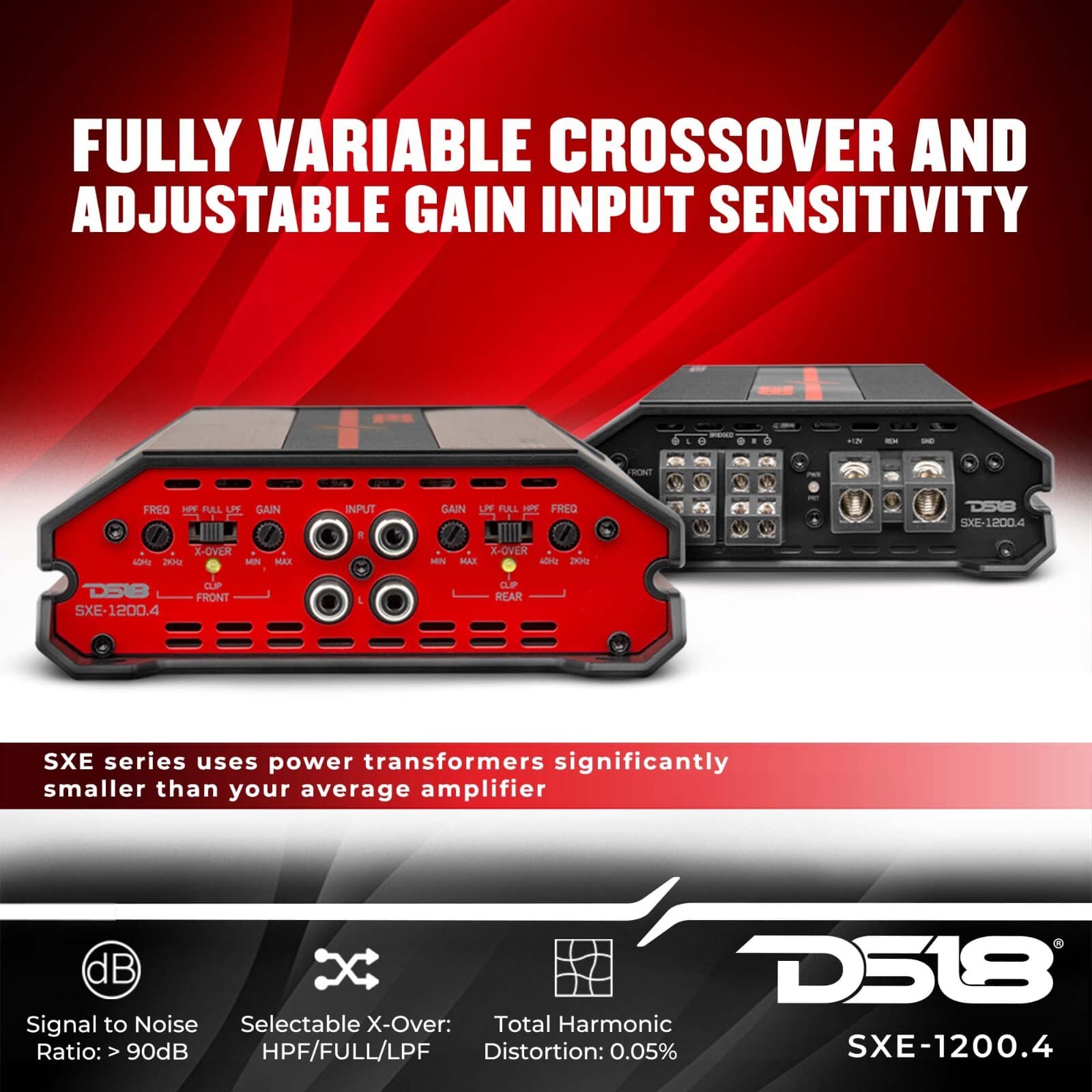 DS18 SXE-1200.4 Car Amplifier Class A/B 4-Channel Full-Range - Compact Size Amp 3