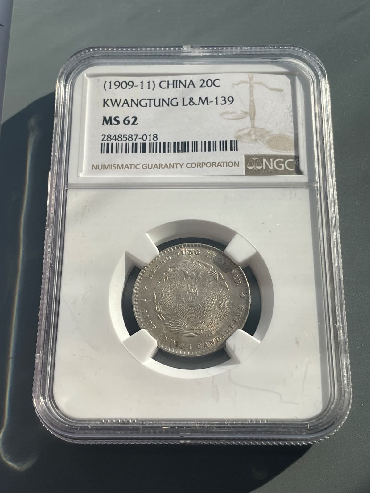1909-1911 CHINA KWANGTUNG 20 SILVER CENTS COIN L&M-139 NGC certified MS62 2
