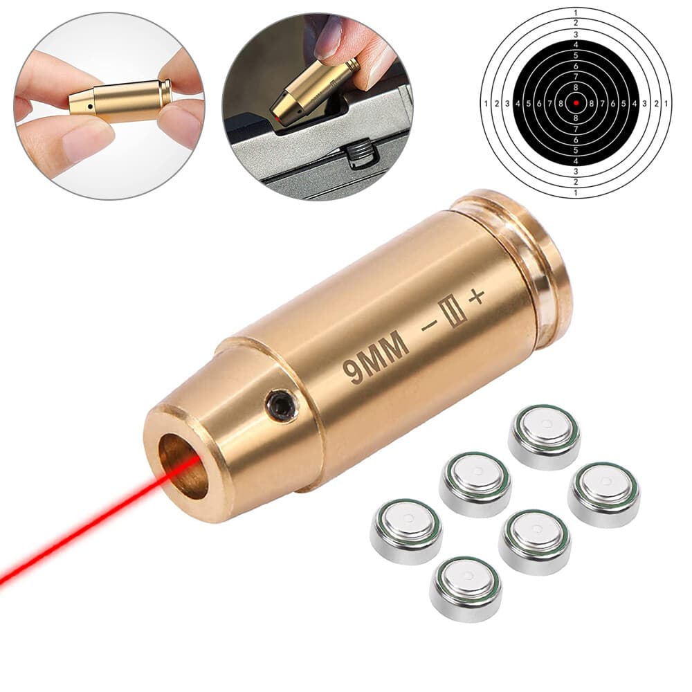 CAL 9mm Red Laser Bore Sight Brass Cartridge Bullet Shap Boresighter 6 Batteries 2