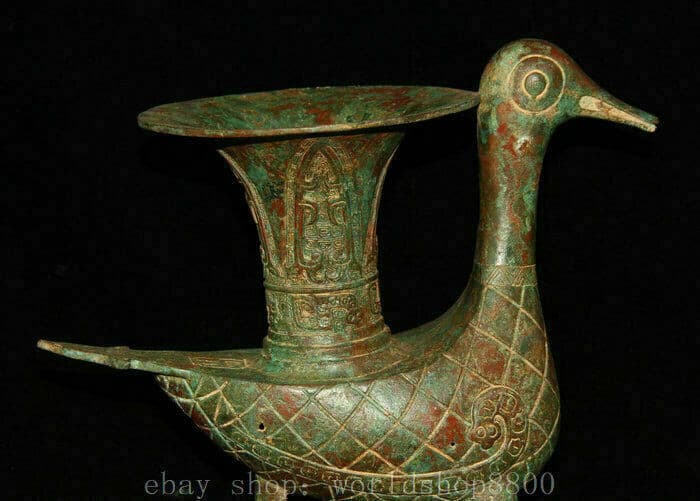 12" Old Chinese Xizhou Dynasty Bronze Ware Quack-quack Duck Zun Wine Vessel 2