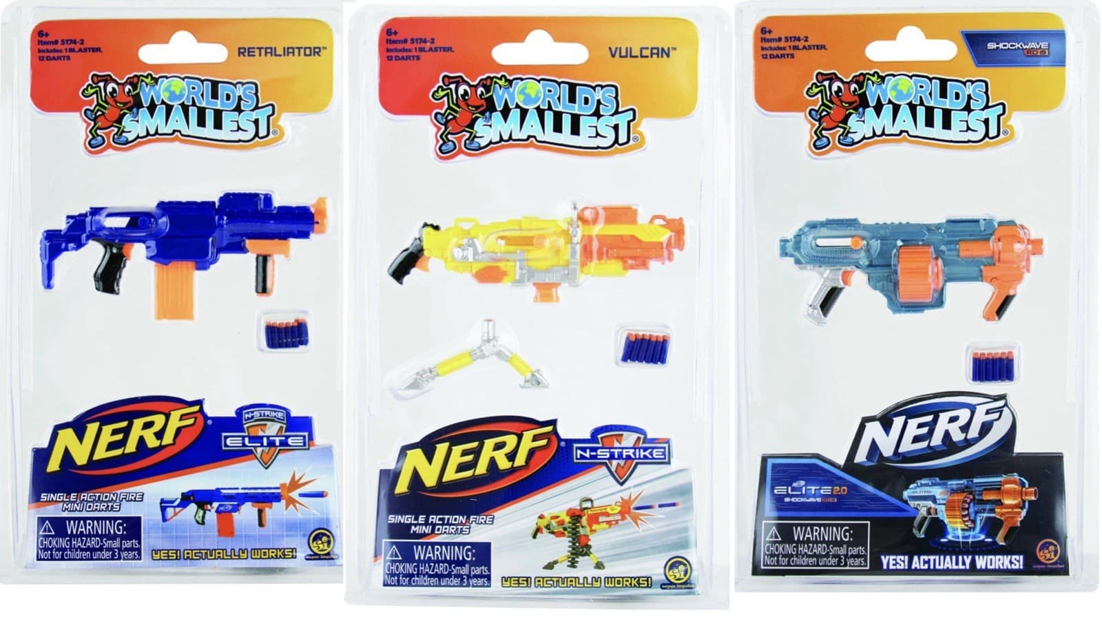 (Set of 3) Worlds Smallest NERF BLASTERS Micro Dart Gun SHOCKWAVE,VULCAN Rifle