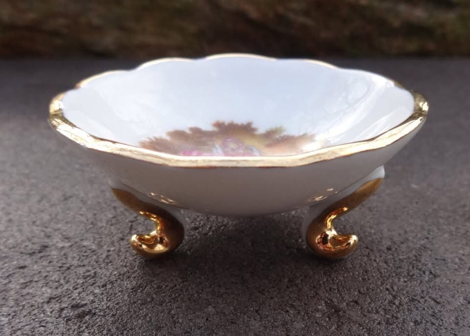 Footed Limoges Porcelain Open Salt Dip, Cellar, Dish w/Figures, Gold!
