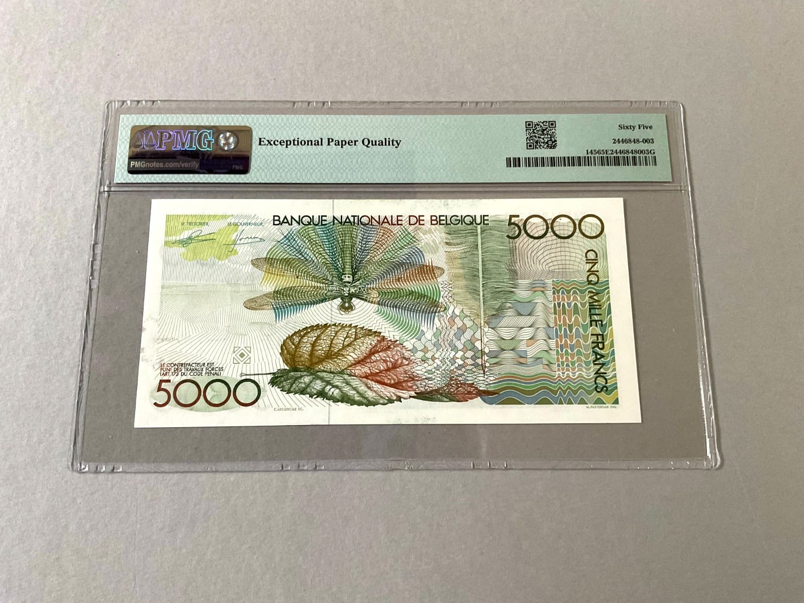 Belgium 5,000 Francs P-145 ND (1982-92)  PMG 65 EPQ 3
