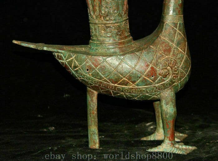 12" Old Chinese Xizhou Dynasty Bronze Ware Quack-quack Duck Zun Wine Vessel 3
