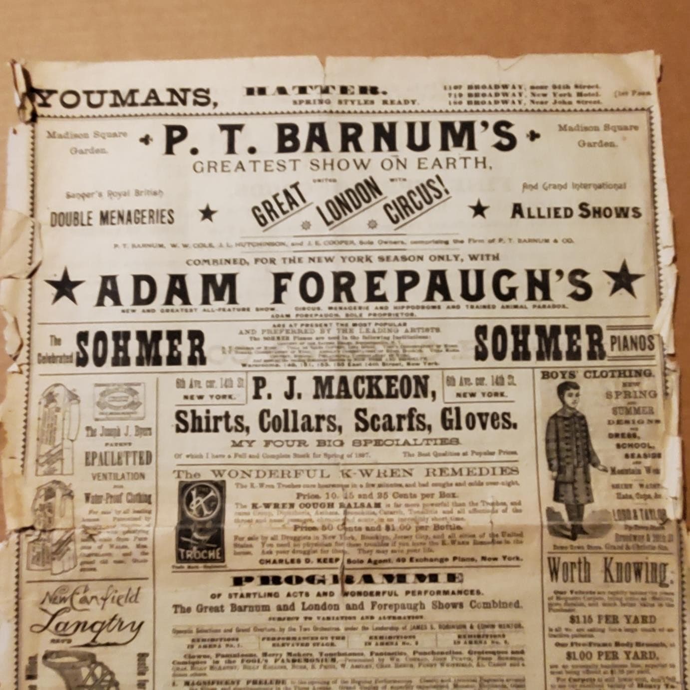 5184----1887 PT Barnum (with Forepaugh) rare program Madison Square Garden 2