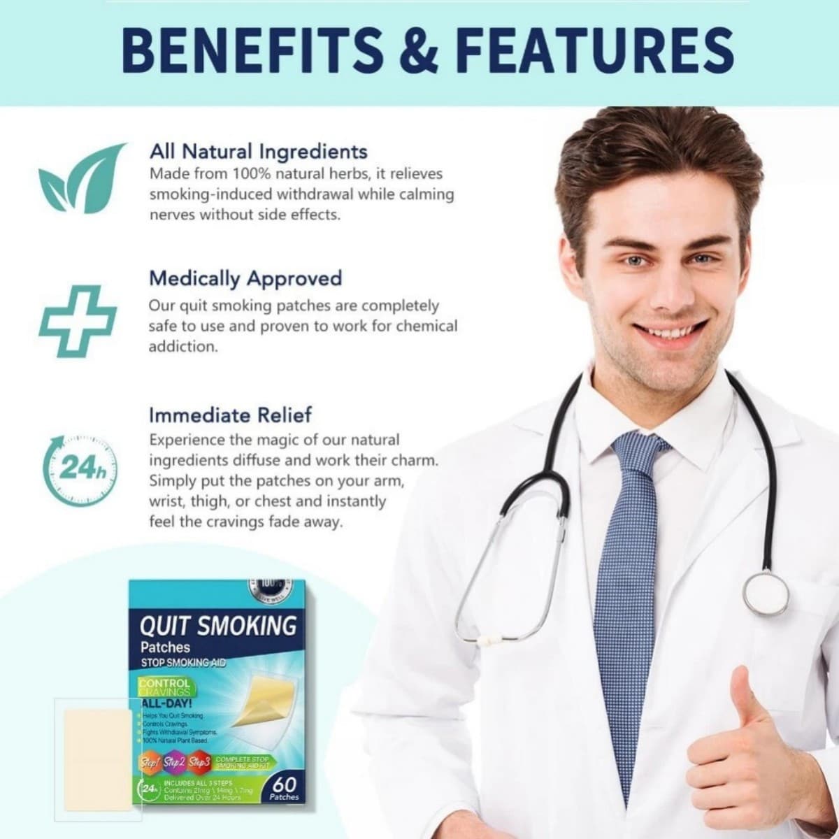 Quit Smoking Patches Step 1 2 3 - 21mg, 14mg, 7mg Nicotine, 60 Count Stop Aid 4