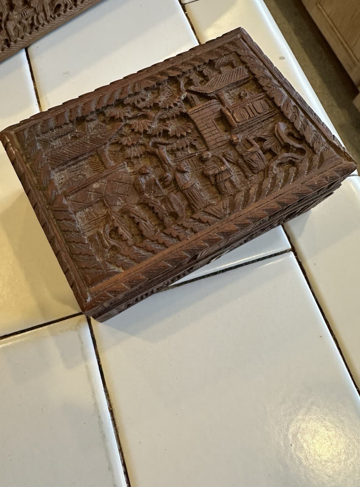 Pair Chinese Carved Wood Boxes “Noble Men in Courtyard” & “Scholars in Garden” 4