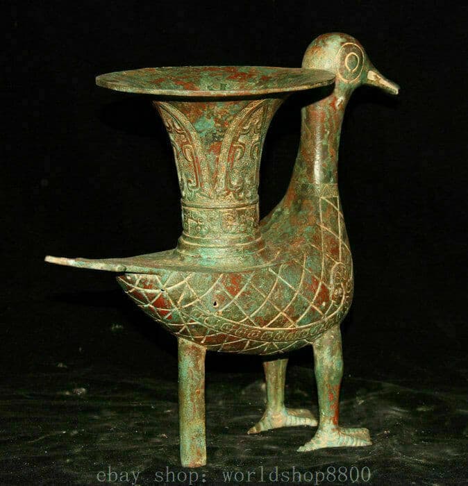 12" Old Chinese Xizhou Dynasty Bronze Ware Quack-quack Duck Zun Wine Vessel 5