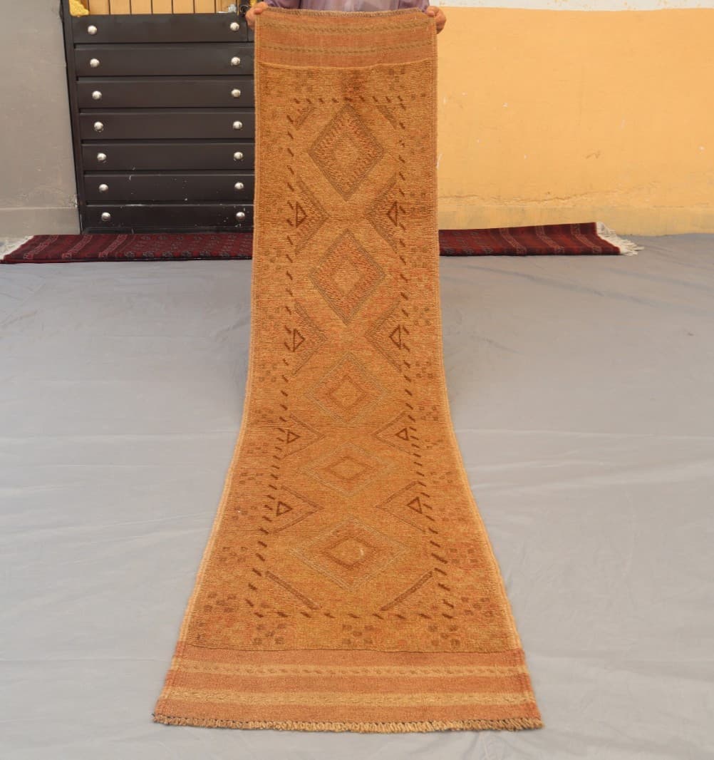 1.9 x 8.2 ft Warm Earth-Tone Afghan Wool Runner –Tribal Geometric Design Diamond