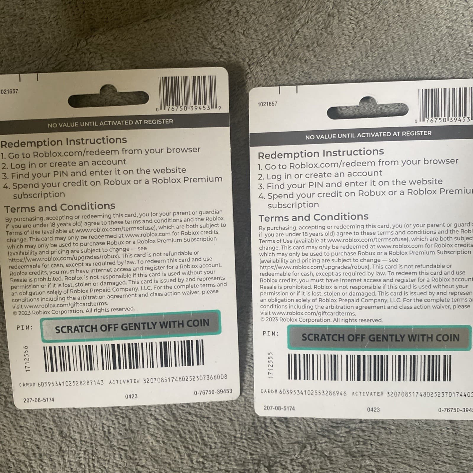 Two Roblox Cards Non Used