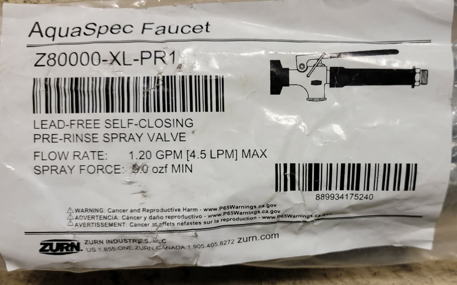 Zurn AquaSpec Faucet Self Close Pre Rinse Spray Valve Jet Spray Z80000-XL-PR1 2