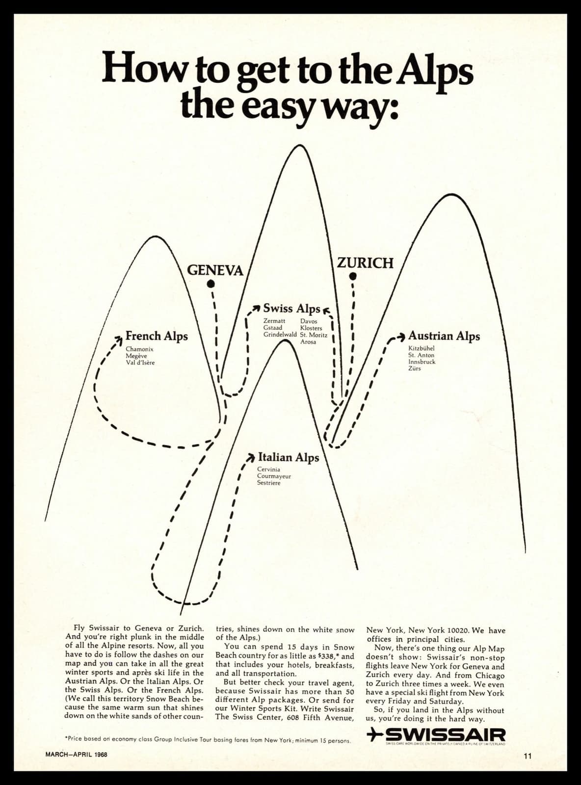 1968 Swissair Airline "How To Get To The Alps The Easy Way" Vintage Ski Print Ad