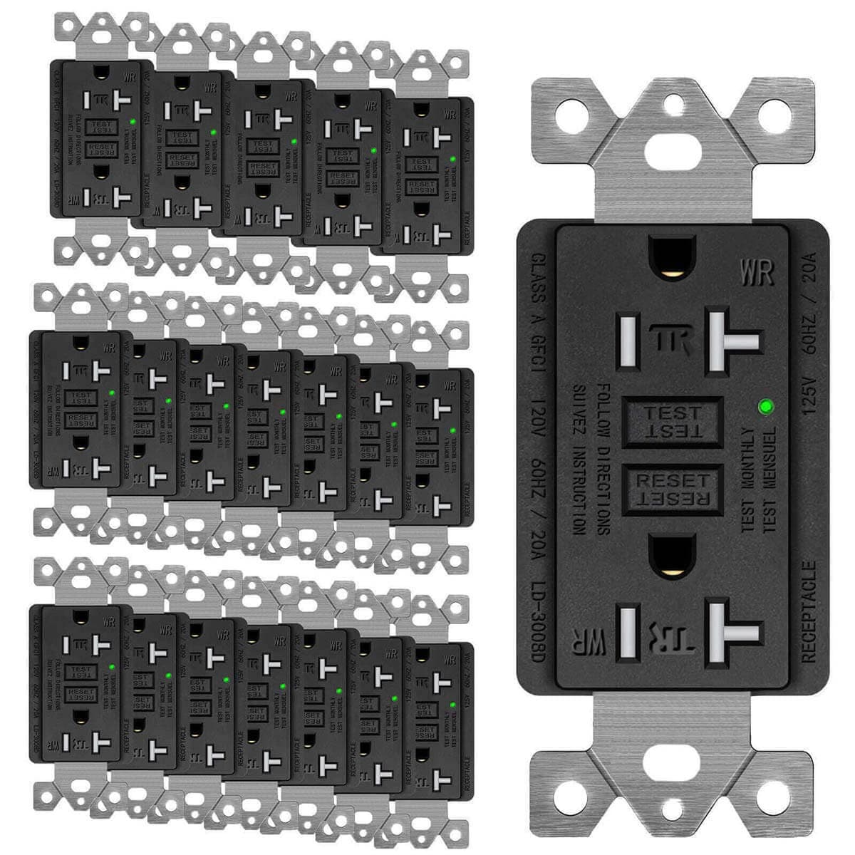 20× GFCI Outlet 15Amp GFI Receptacle Tamper-Resistant WR TR Electric Plugs Black