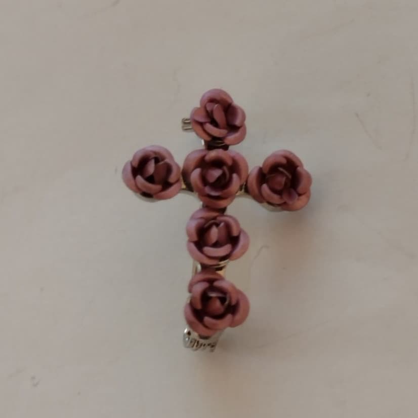 Pink Rose Flower Religious Cross Lapel Pin