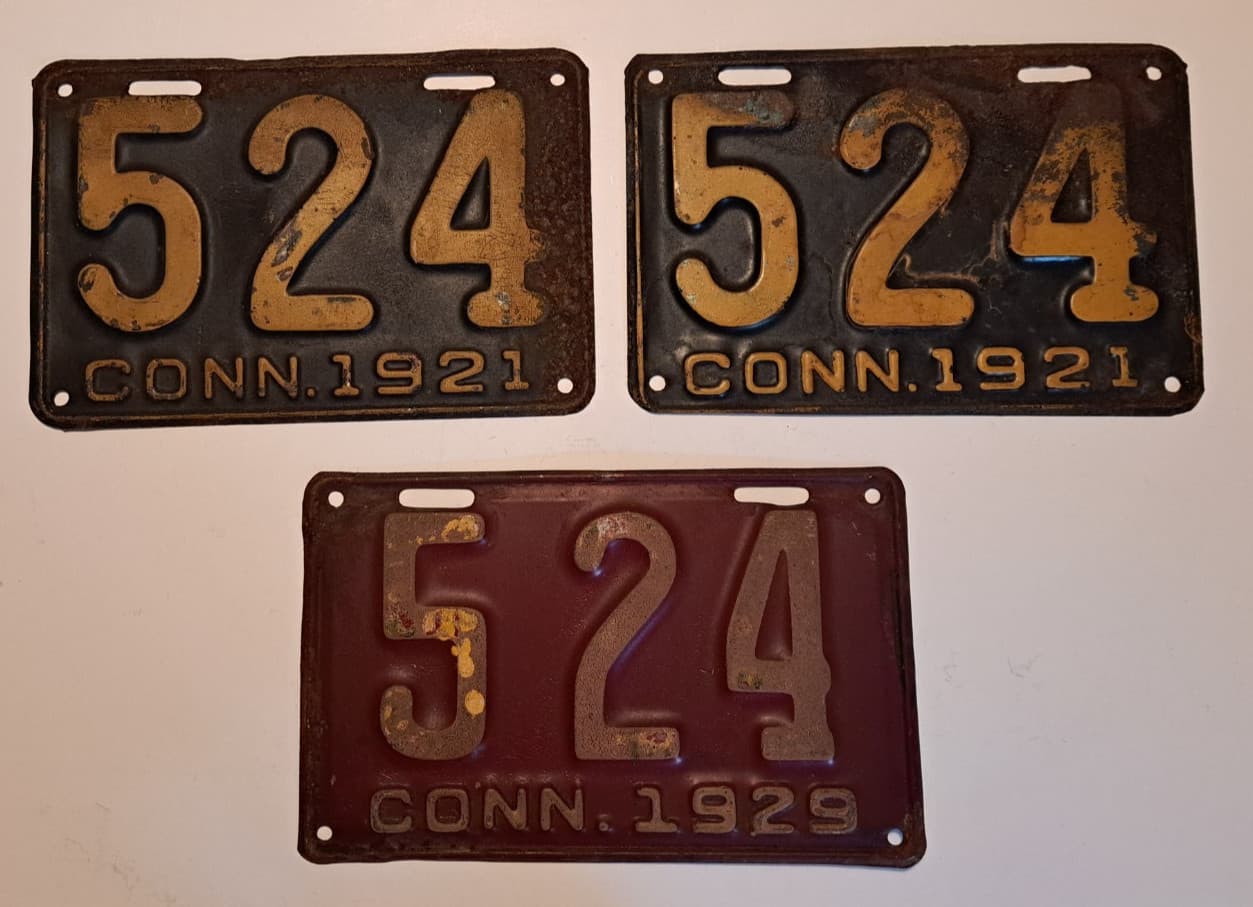 1921/1929 Connecticut License Plate One Pair and One Single 524