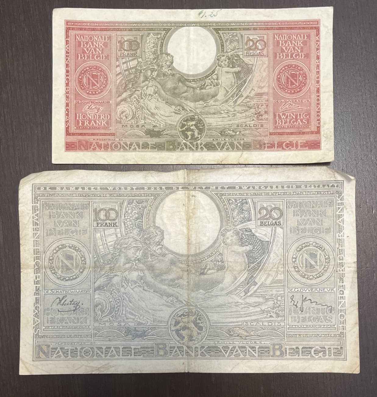 BELGIUM 1939 1943 100 Francs/20 Belgas 2 Banknotes 2