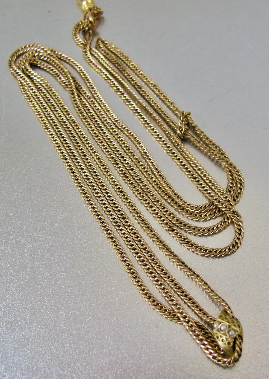 Antique Victorian Gold Filled Seed Pearl Slide Watch Chain Necklace 2
