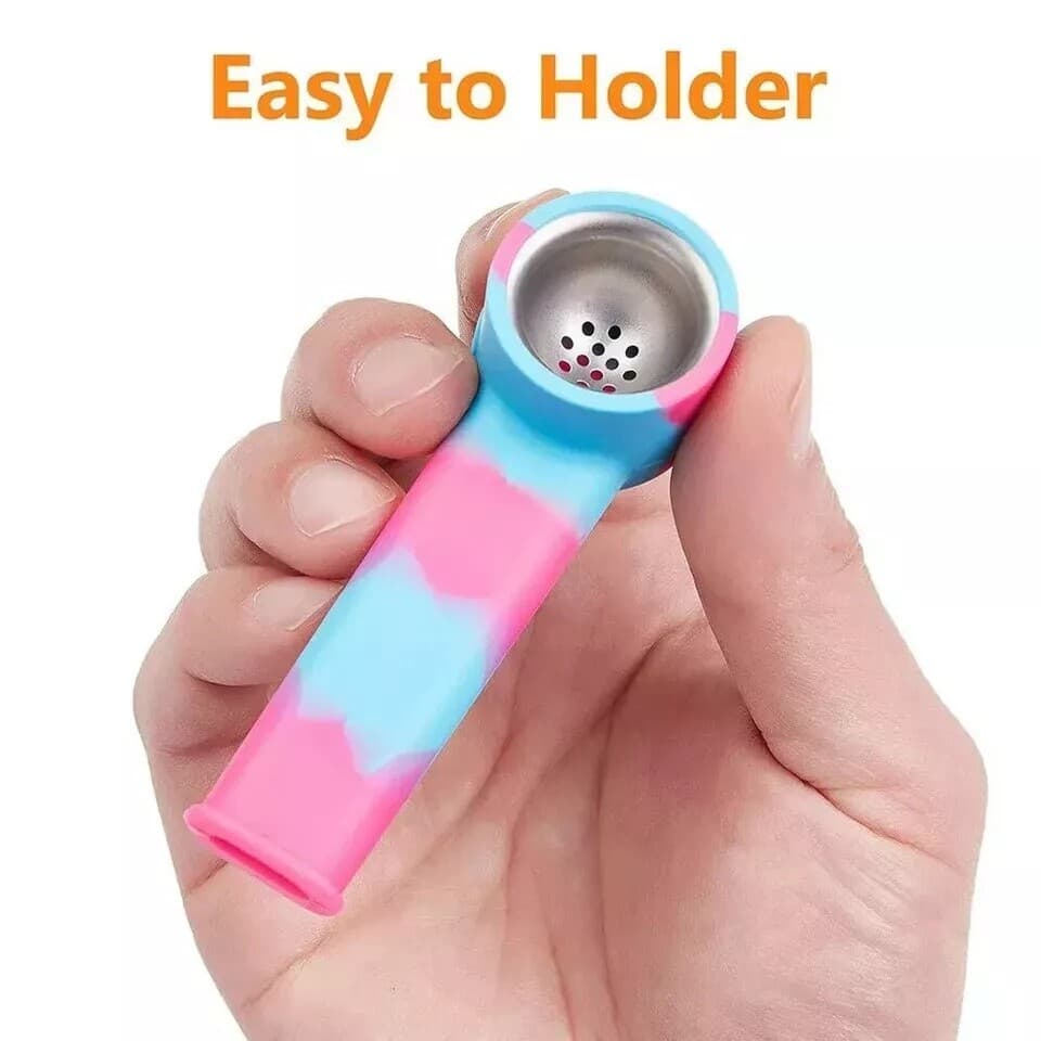 5PCS 3.4'' Mini Silicone Smoking Hand Pipe with Metal Bowl & Cap Lid Pocket Pipe 2