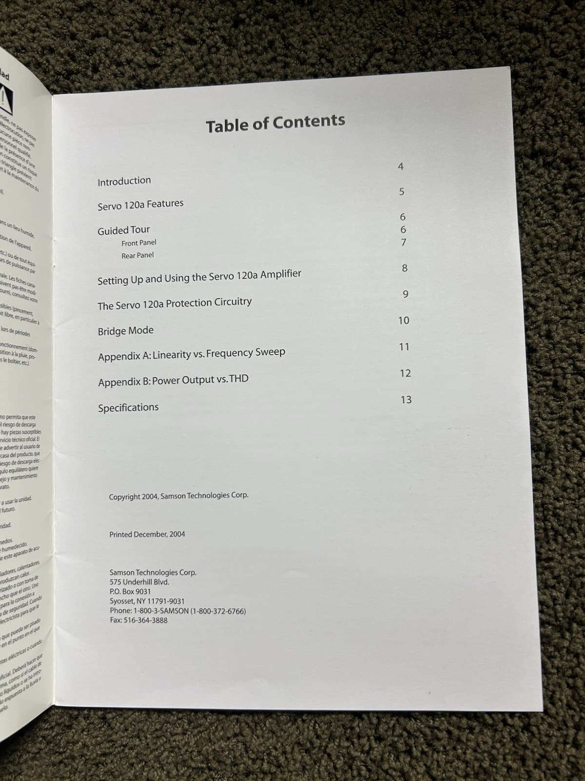Owners Manual Samson Servo 120A Amp 2-Channel Power Amplifier Instruction Book 3