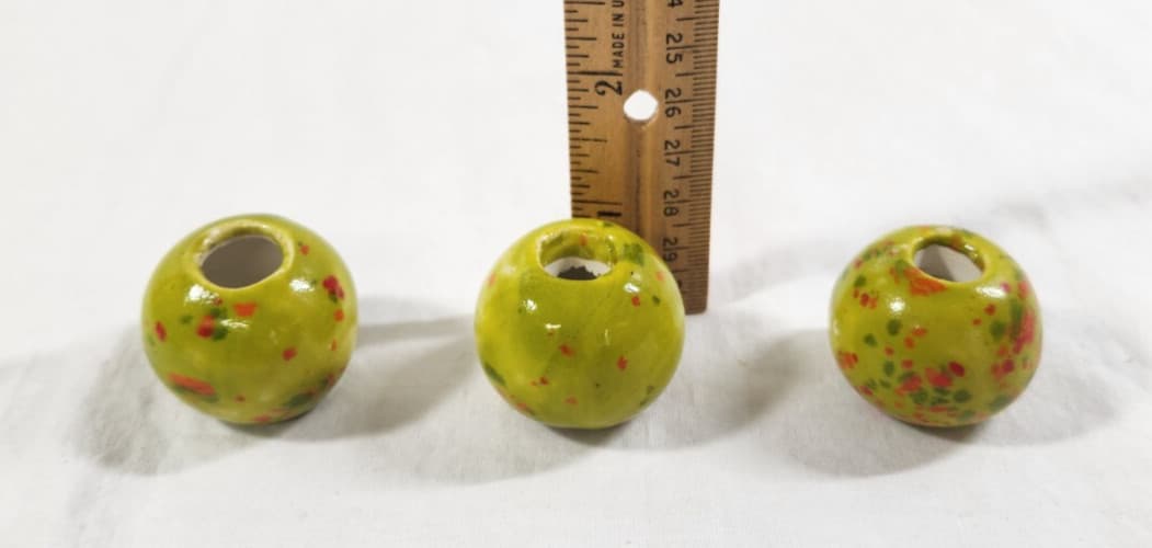 3 Vtg Green Specked Round Ceramic Macrame Beads 6