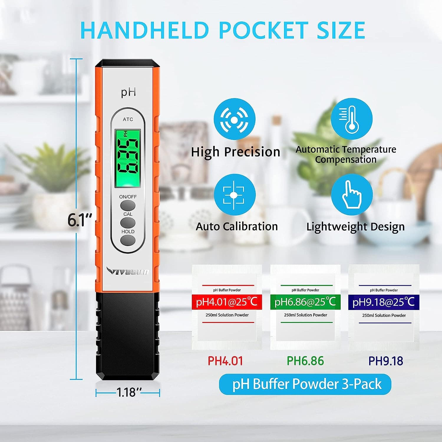 VIVOSUN PH Meter Digital PH Tester Pen 0.01 High Accuracy Water Quality Tester 6
