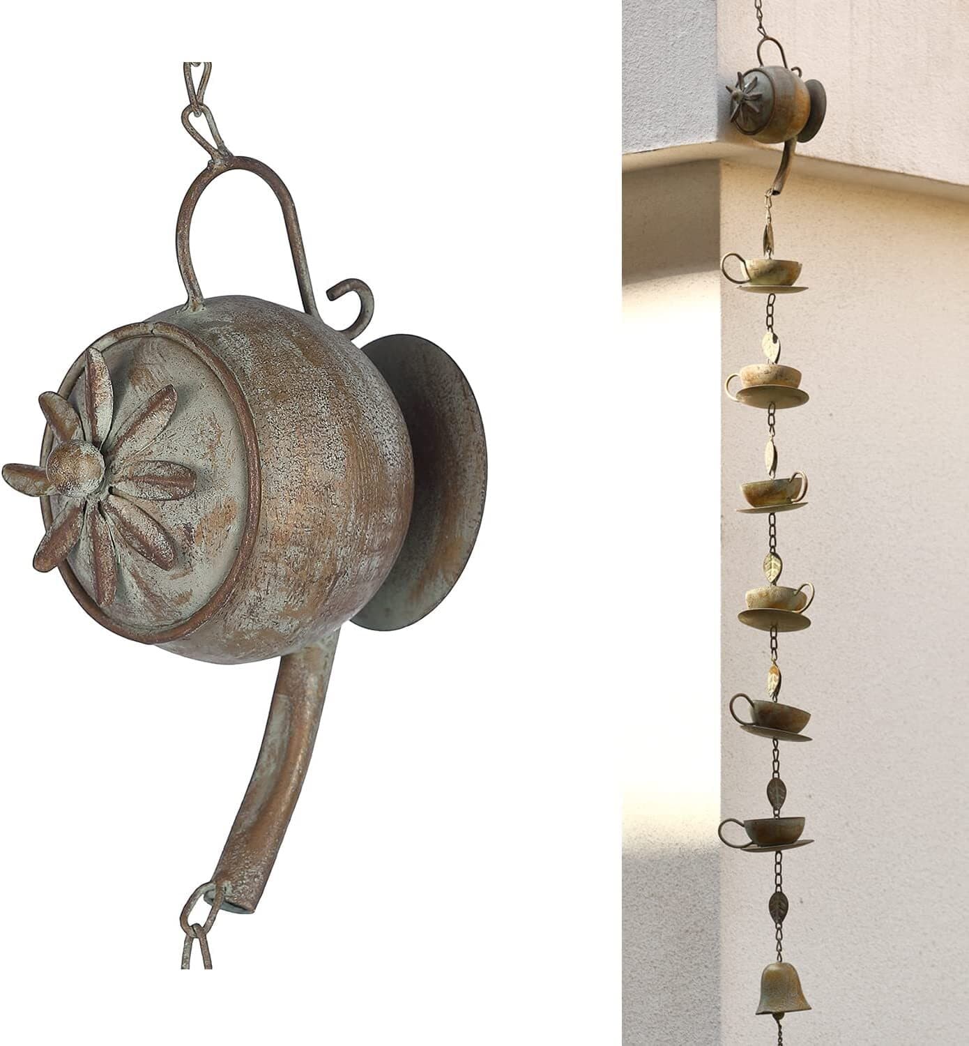 Teapot & Cups Rain Chain w/ Bell Chime Antique Patina Outdoor Garden Lawn Decor 6