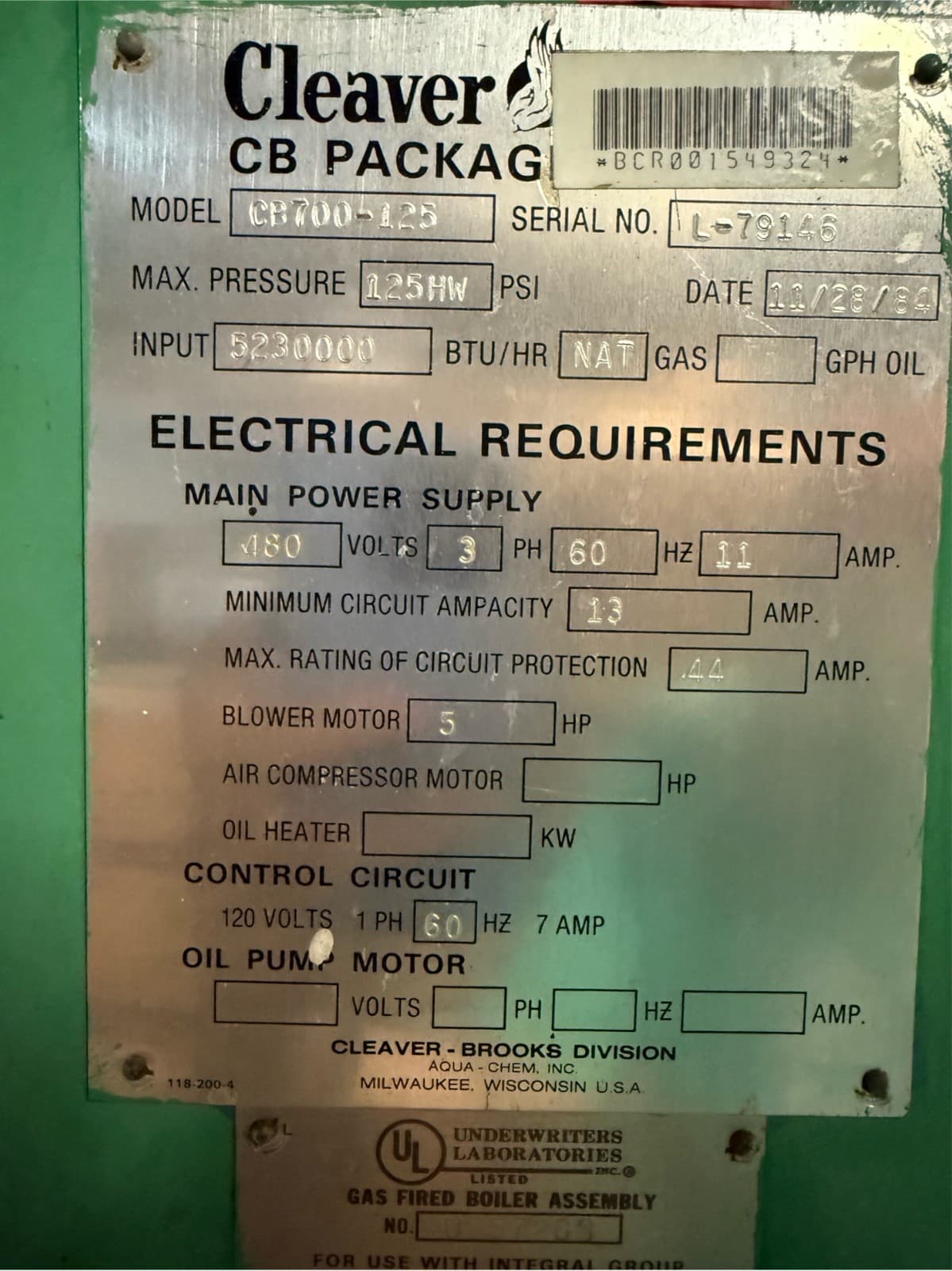 125HP Cleaver-Brooks CB700-125 Gas Fired Boiler Assembly 480V 11A 3PH  U557263 6