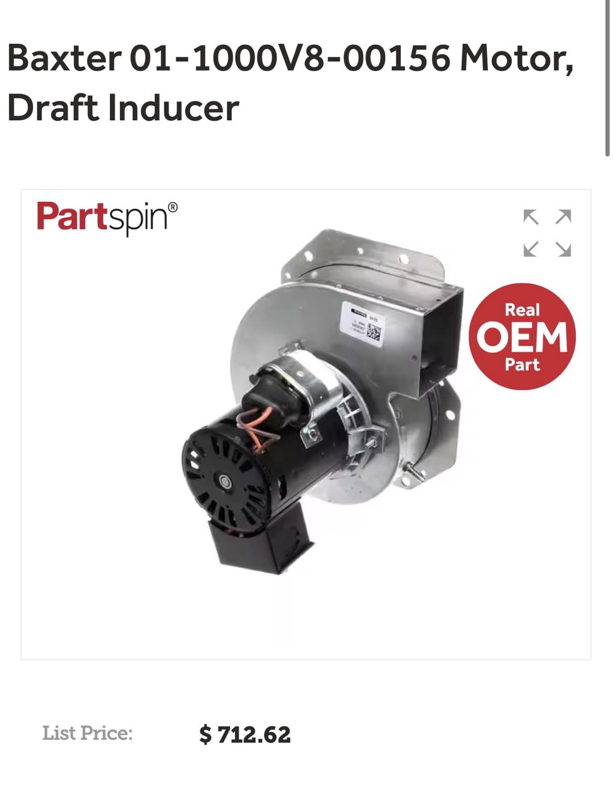 Baxter 01- 1000V8-00156 Draft Inducer, Motor, 115V, 60Hz, 3000RPM 2