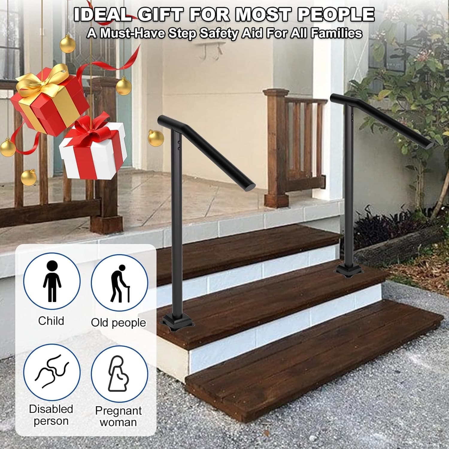 Durable Iron Handrail 2PC for Outdoor Decking 1-2 Step Stair Safety Support 5