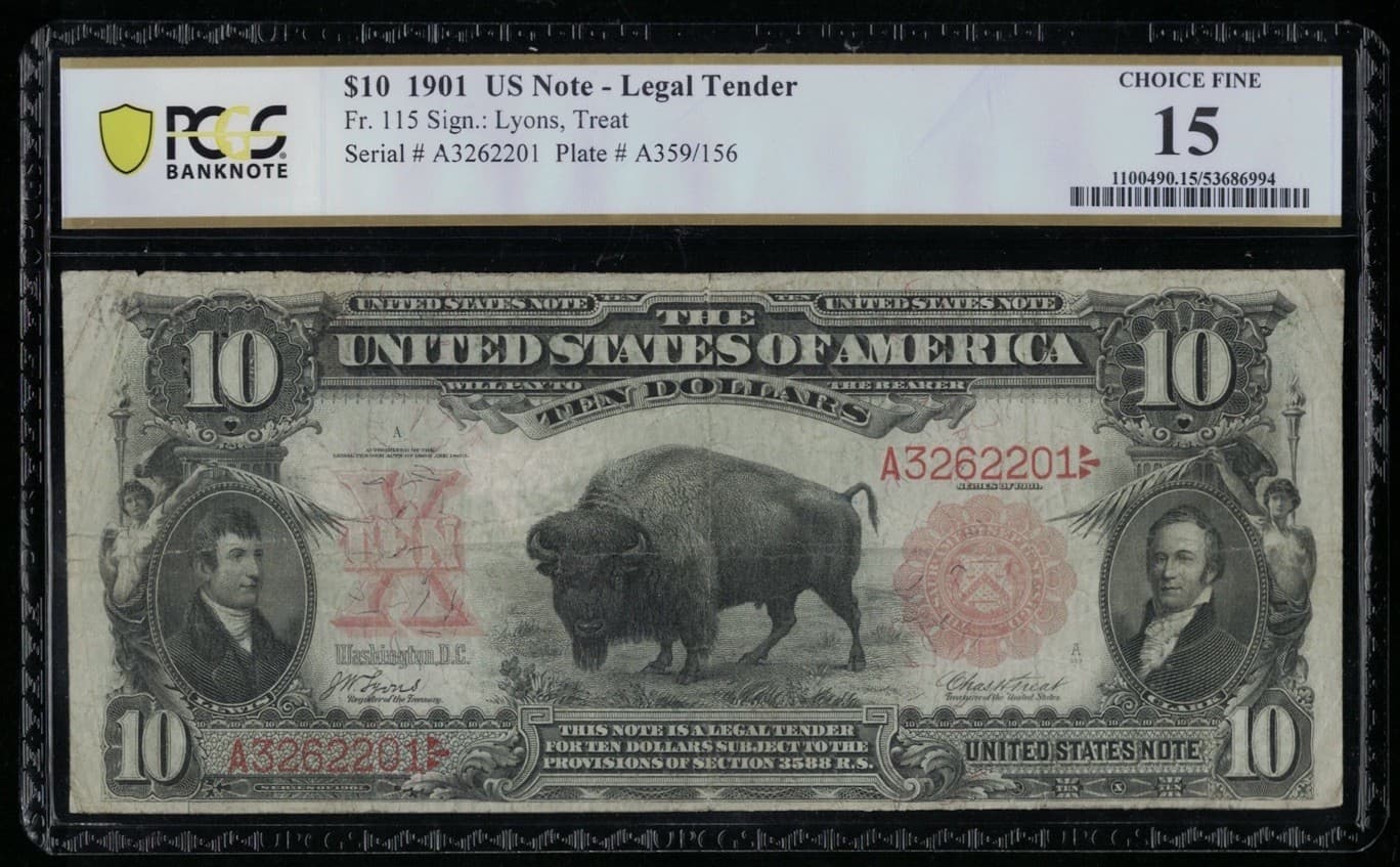 SC 1901 $10 Fr.115 Early Lyons|Roberts Sig. Legal Tender “Bison” PCGS 15 (201) 2