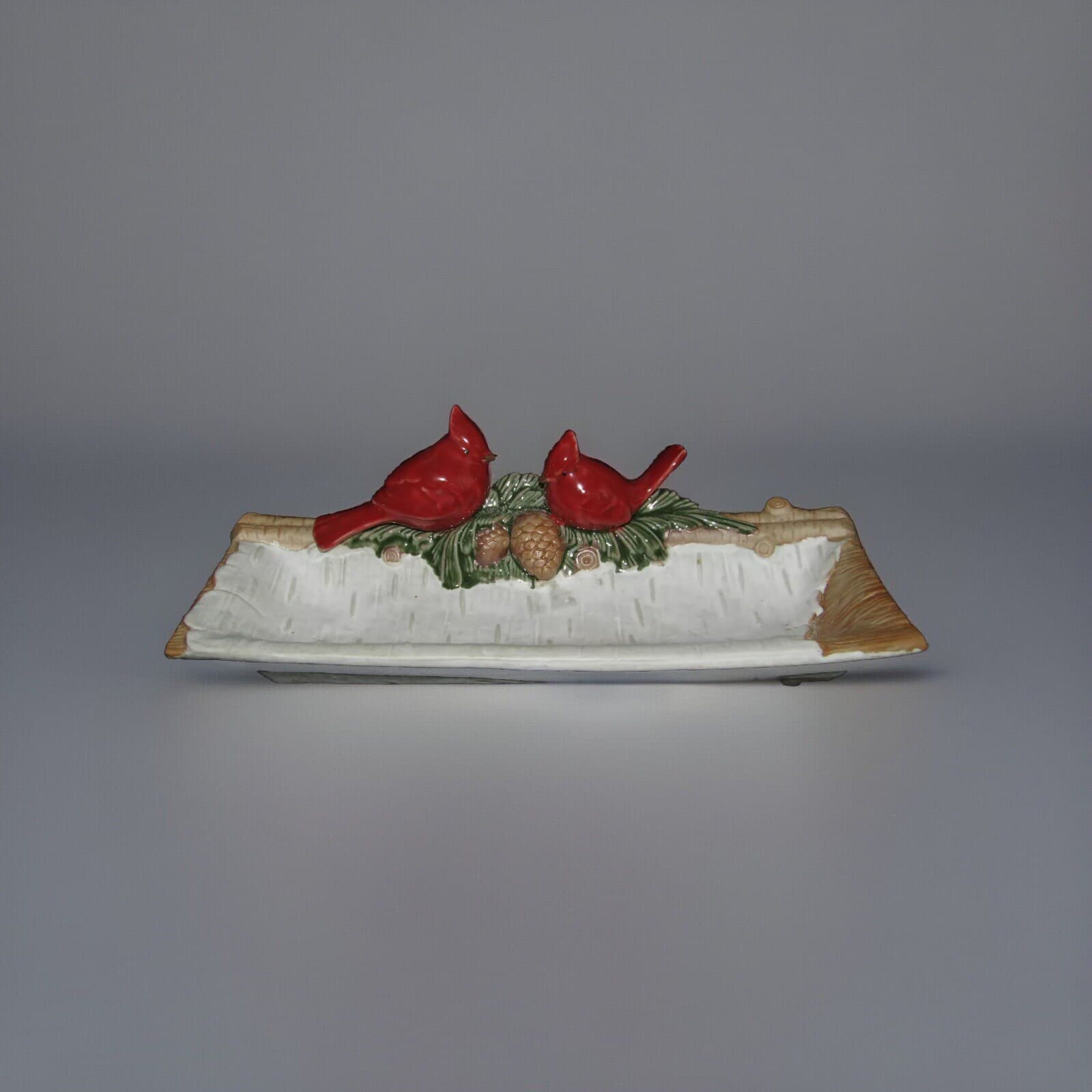 Handmade 3D Cardinals & Pinecones on Snow Covered 13" Signed Rectangular Tray 5