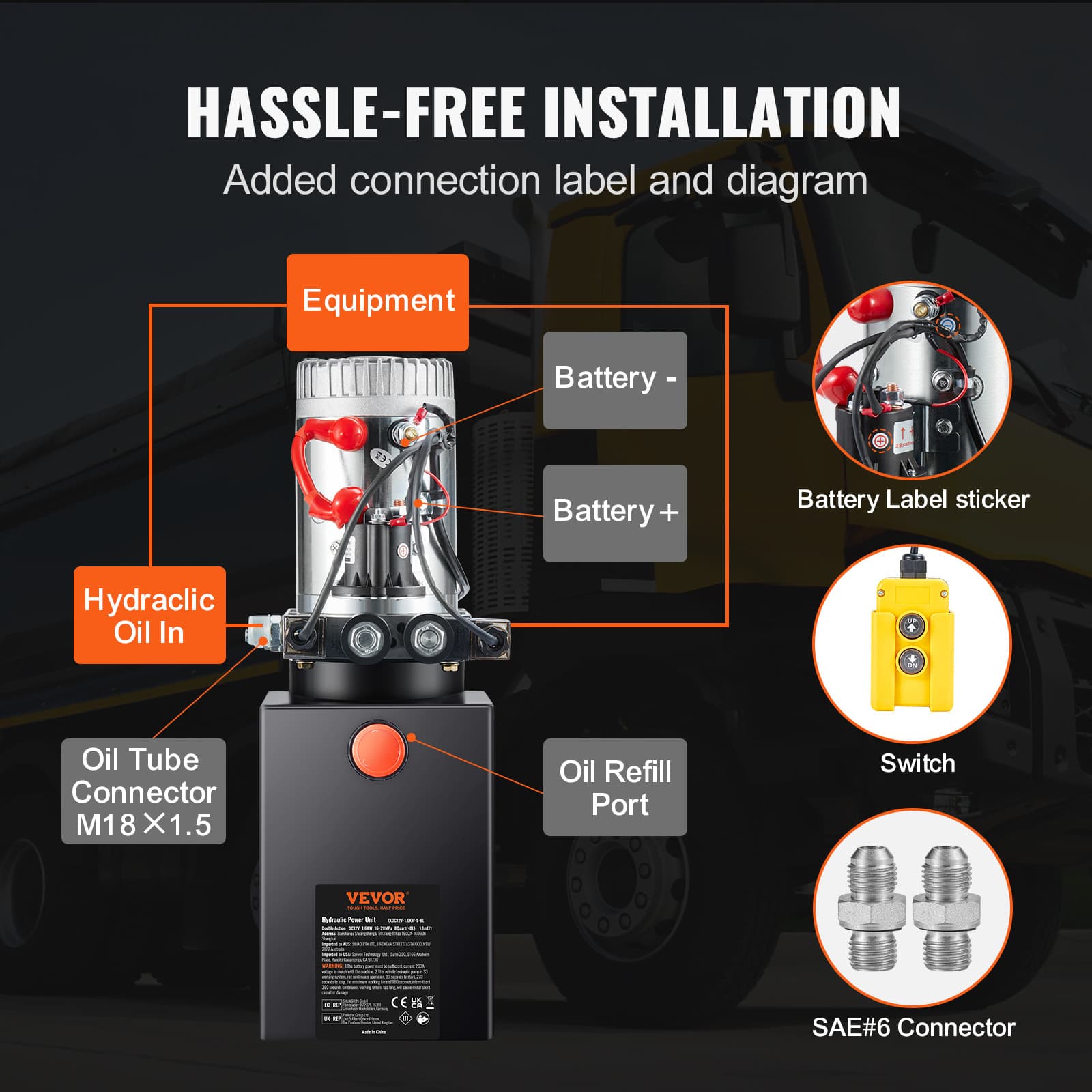 8 Quart Double Acting Hydraulic Pump Dump Trailer Power Unit 12V 2.1HP SAE #6 6