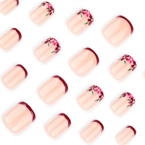 24 Pcs French Tip Press on Nails Short Square Flower Fake Nails with Designs  5