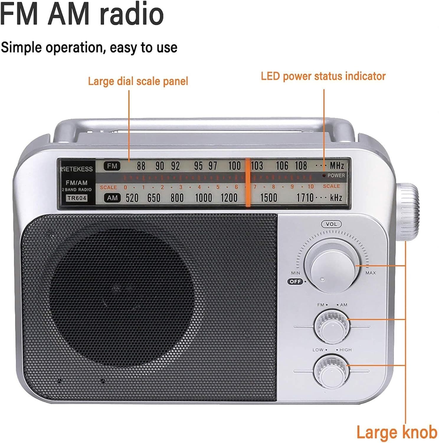 Retekess TR604 AM FM Radio, Portable Radios with Best Reception, AC or D Battery 6