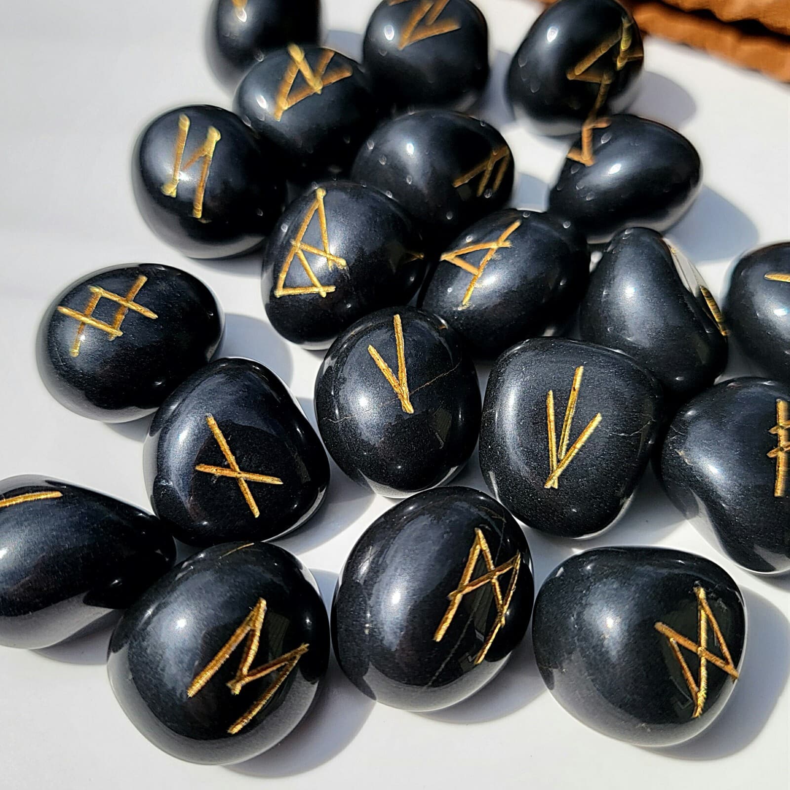 Black Agate Rune Set with Bag, Natural Gemstone, Stone Viking Runes 3