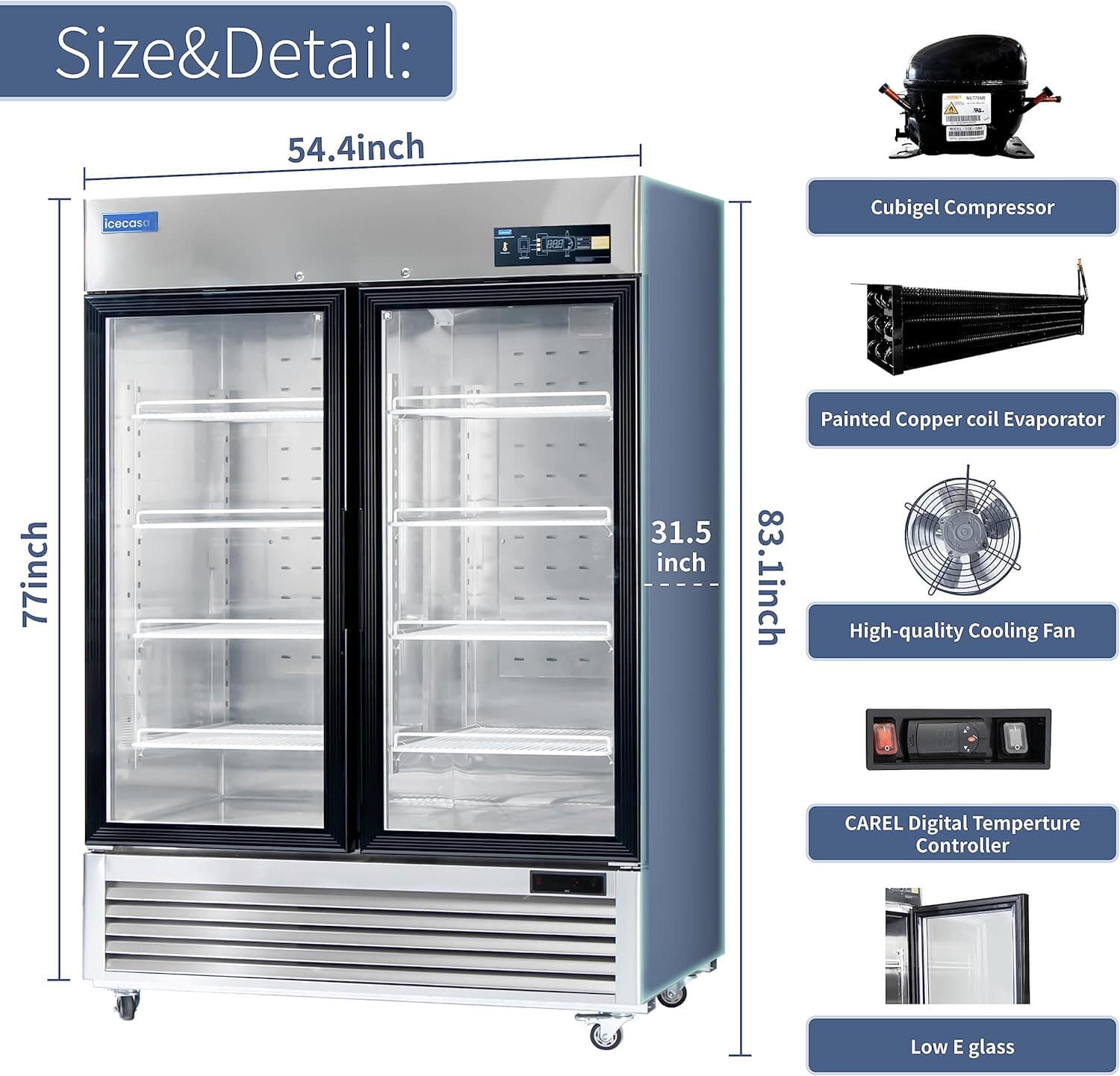 54" Commercial Glass Door Refrigerator, 2 Door Reach-In Merchandiser 49 Cu.ft 4