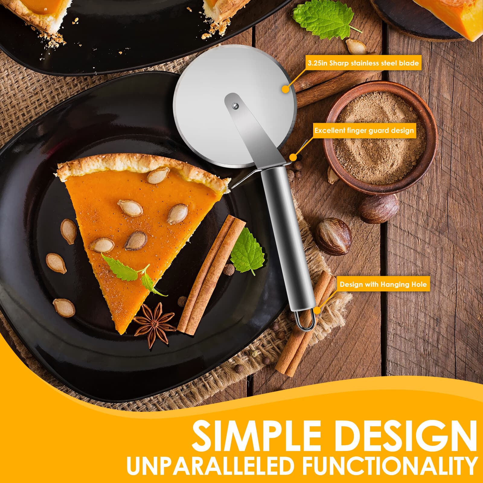 Premium Stainless Steel Pizza Cutter Wheel Thumb Guard Protection DishwasherSafe 6