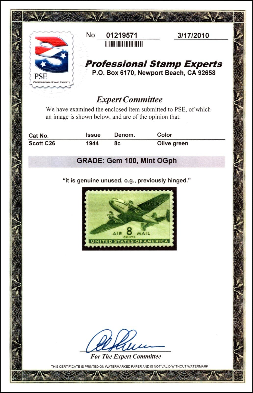 Scott C26 - 8 Cents Cargo Plane - OG MH - PSE Cert 100 - SCV - $350.00 3