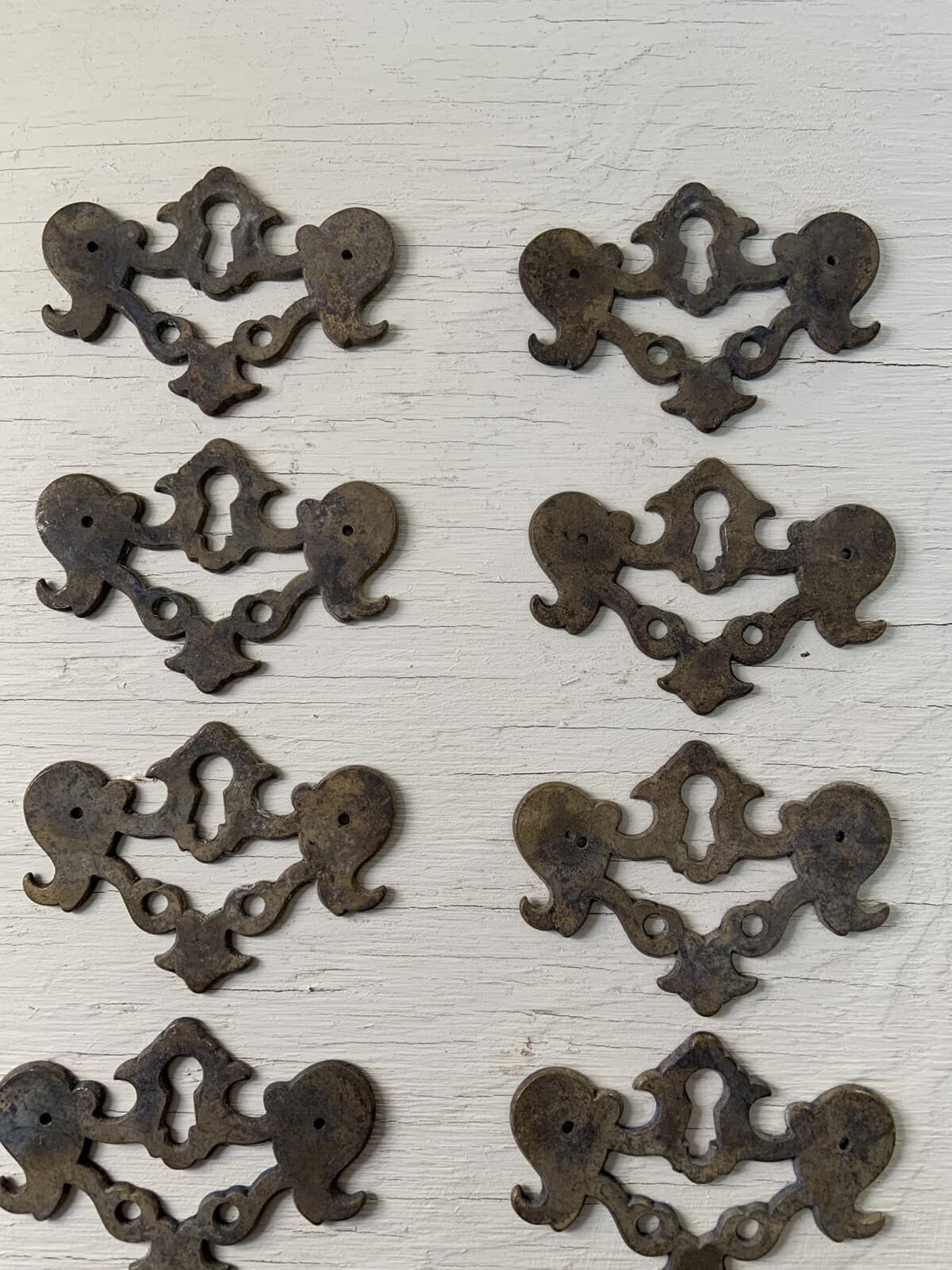 Group Of 10 Vintage Bat Wing Escutcheons Keyhole Covers ~  Likely Solid Brass 4