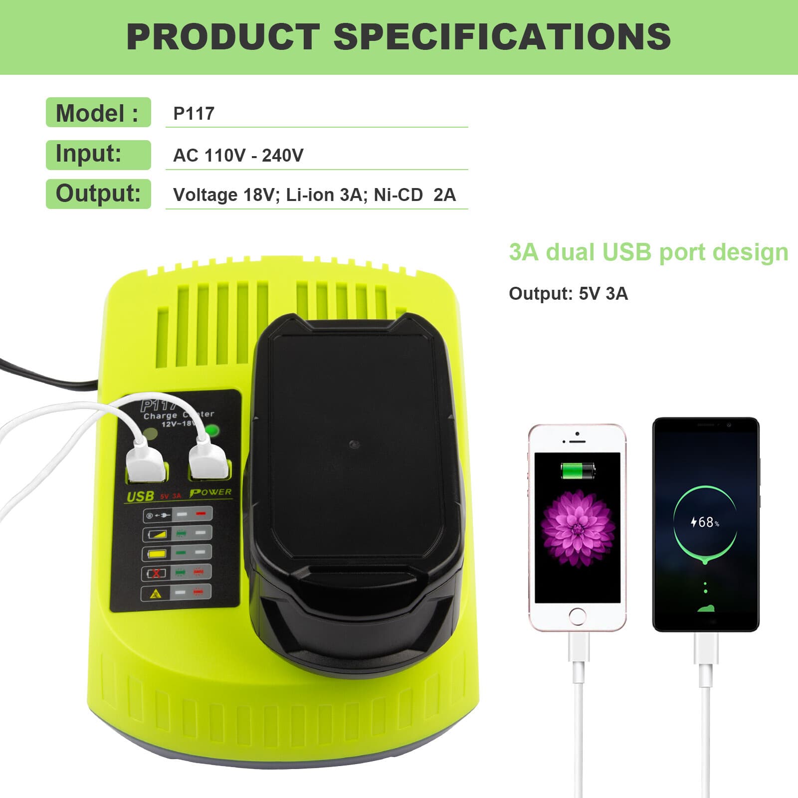 P117 Fast Charger For RYOBI For One+ Plus P108 18V High Capacity Lithium Battery 5