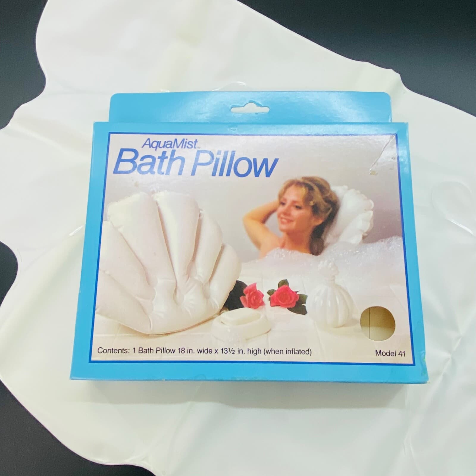 Vintage 1980s Inflatable Bath Tub Pillow AquaMist White Made in USA Model 41 NOS 2