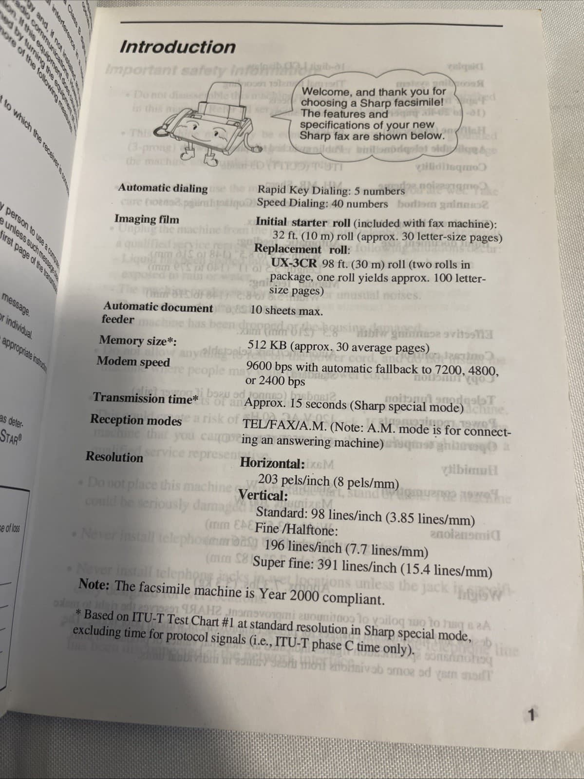 Sharp UX-300 Fax Machine USER MANUAL Facsimile 1991 4
