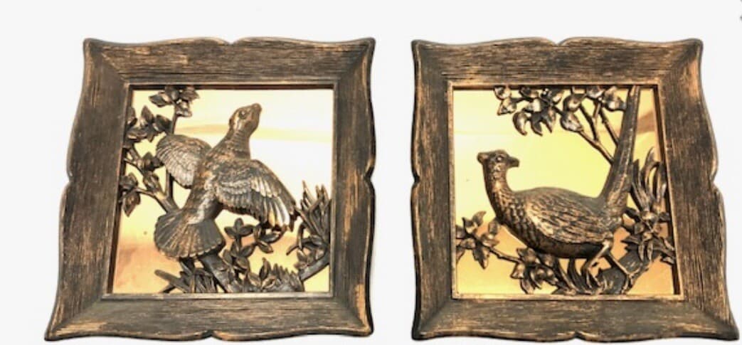1963 Coppercraft Guild Two Copper 3-D Bird Wall Hangings Pheasants 9x9 Set GUC 2