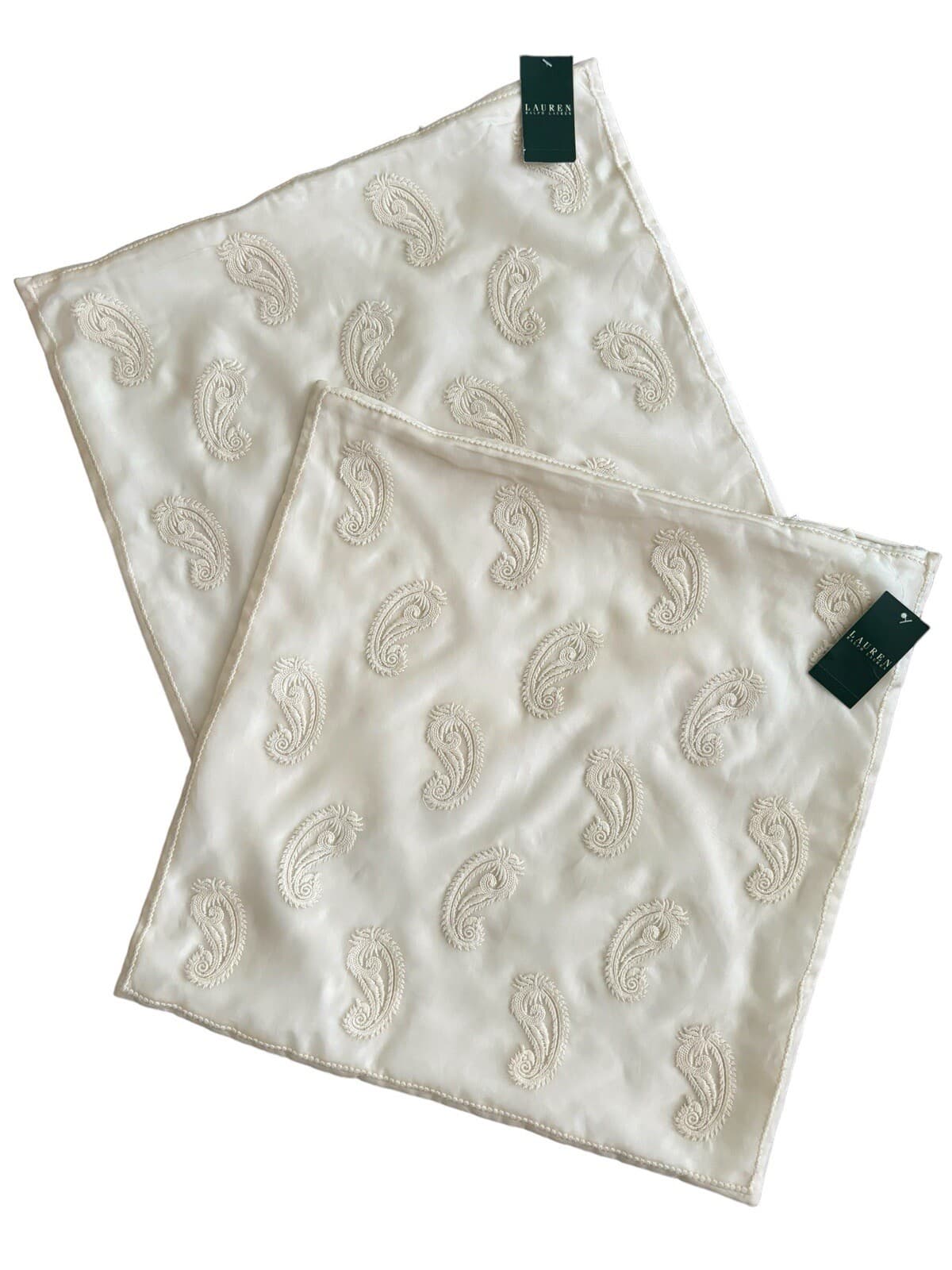 2 Ralph Lauren Cream Paisley Appliqué Throw Pillow Cover Mirabeau 18x18 RARE NWT