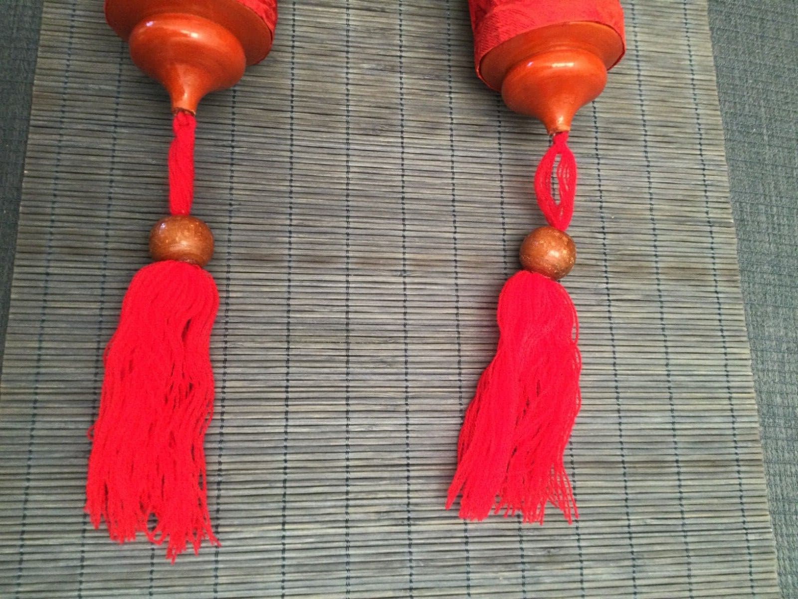 Vintage Pair Chinese Red Fabric Hanging Lanterns • 22” Long • New Unused 3