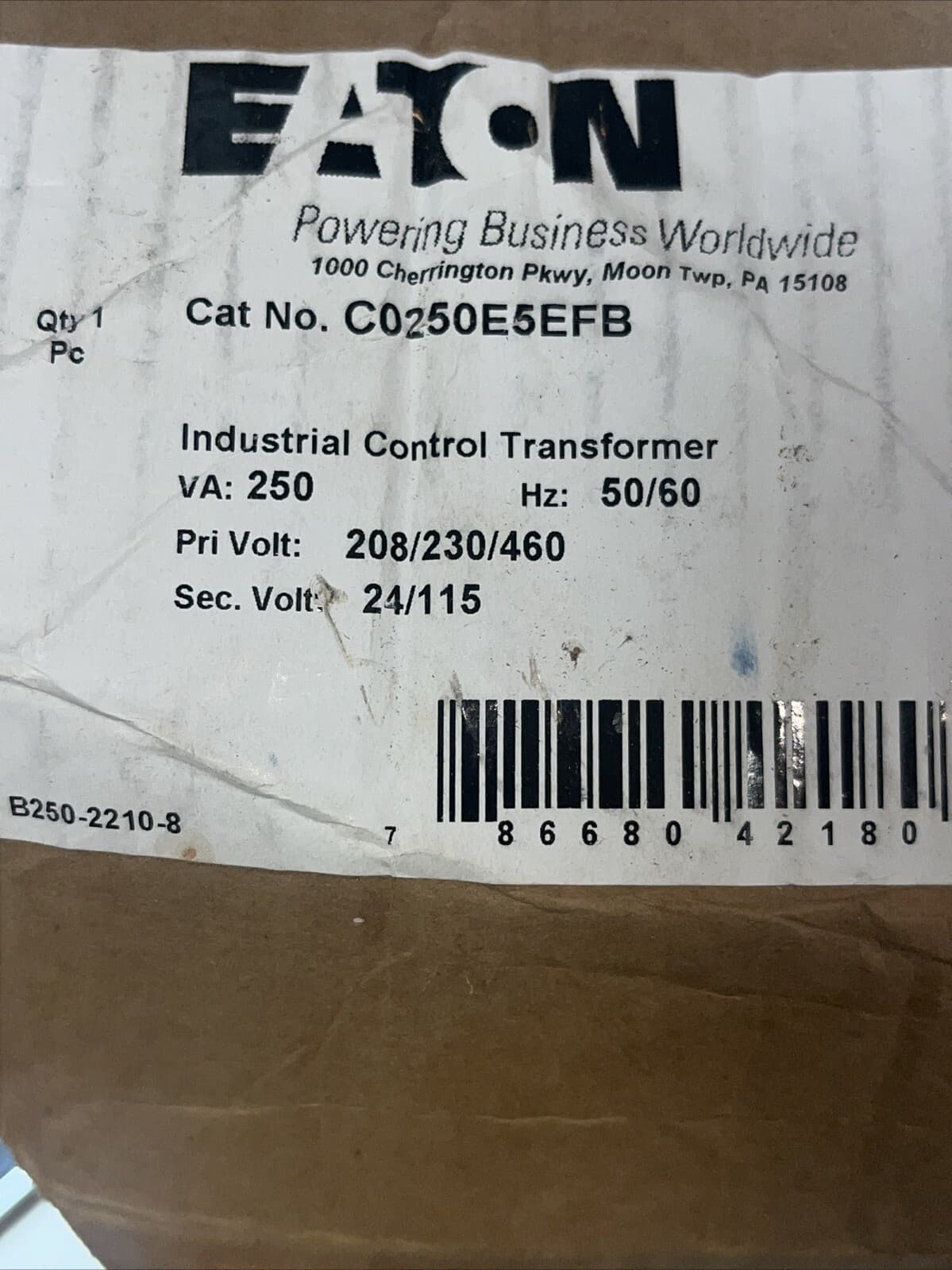 EATON CORPORATION C0250E5EFB Industrial Control Transformer, VA:250, NEW IN BOX