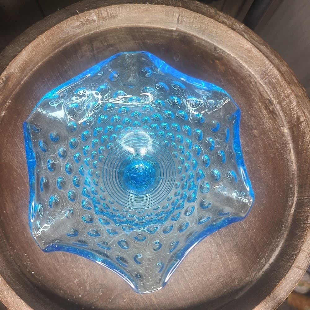 Vintage Fenton Pressed Glass Hobnail Tourqoise Glass Ruffled Edge Compote 6 x5 6